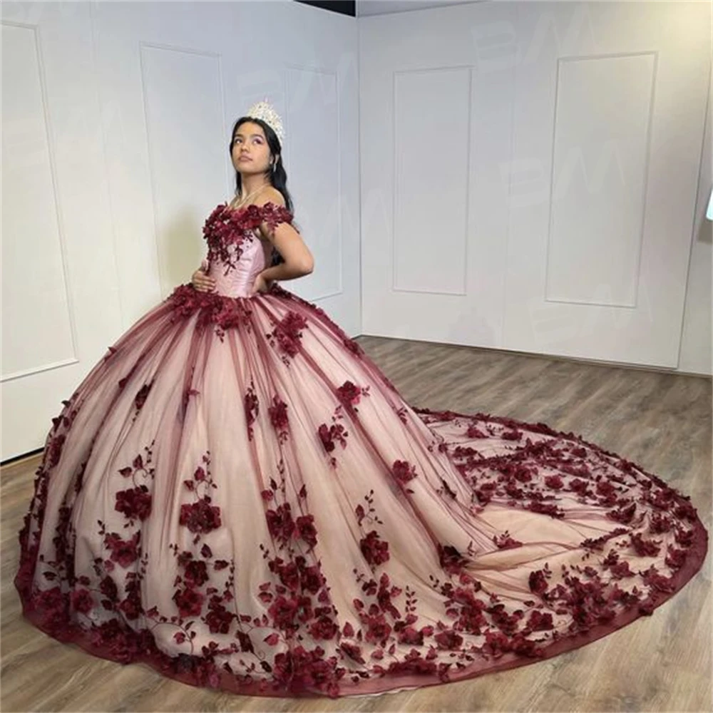 3D kwiatowa aplikacja sukienka na Quinceanera 2023 bordowa sukienka z odkrytymi ramionami Vestidos De 15 Quinceañera sukienki koktajlowe