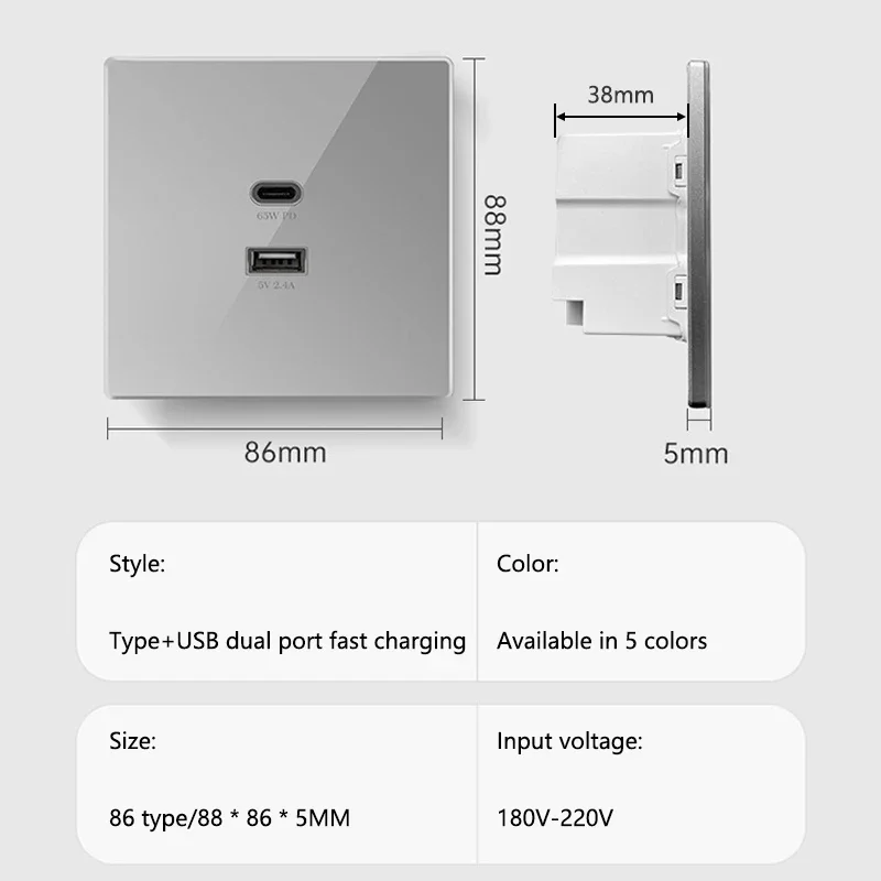 XIALEE Tempered Glass Plate Wall Outlet Gallium Nitride PD 65W / 30W 2 USB Lightning Super FAST Charger