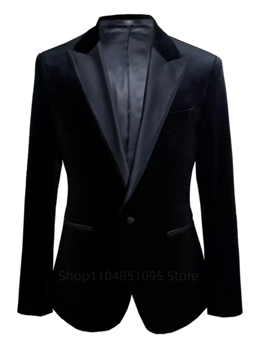 Immagine 4: Abito da uomo in velluto nero, smoking monopetto con revers a punta, giacca, gilet e pantaloni per matrimonio, ballo di fine anno, banchetto, affari, sposo