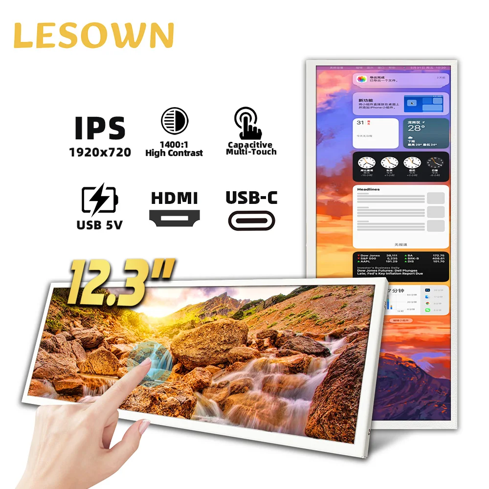 

Портативный монитор LESOWN 12,3 дюйма, 1920x720, растянутый стержень, IPS, дополнительный экран Plug & Play, сенсорная панель для ПК для ноутбука, рабочего ПК