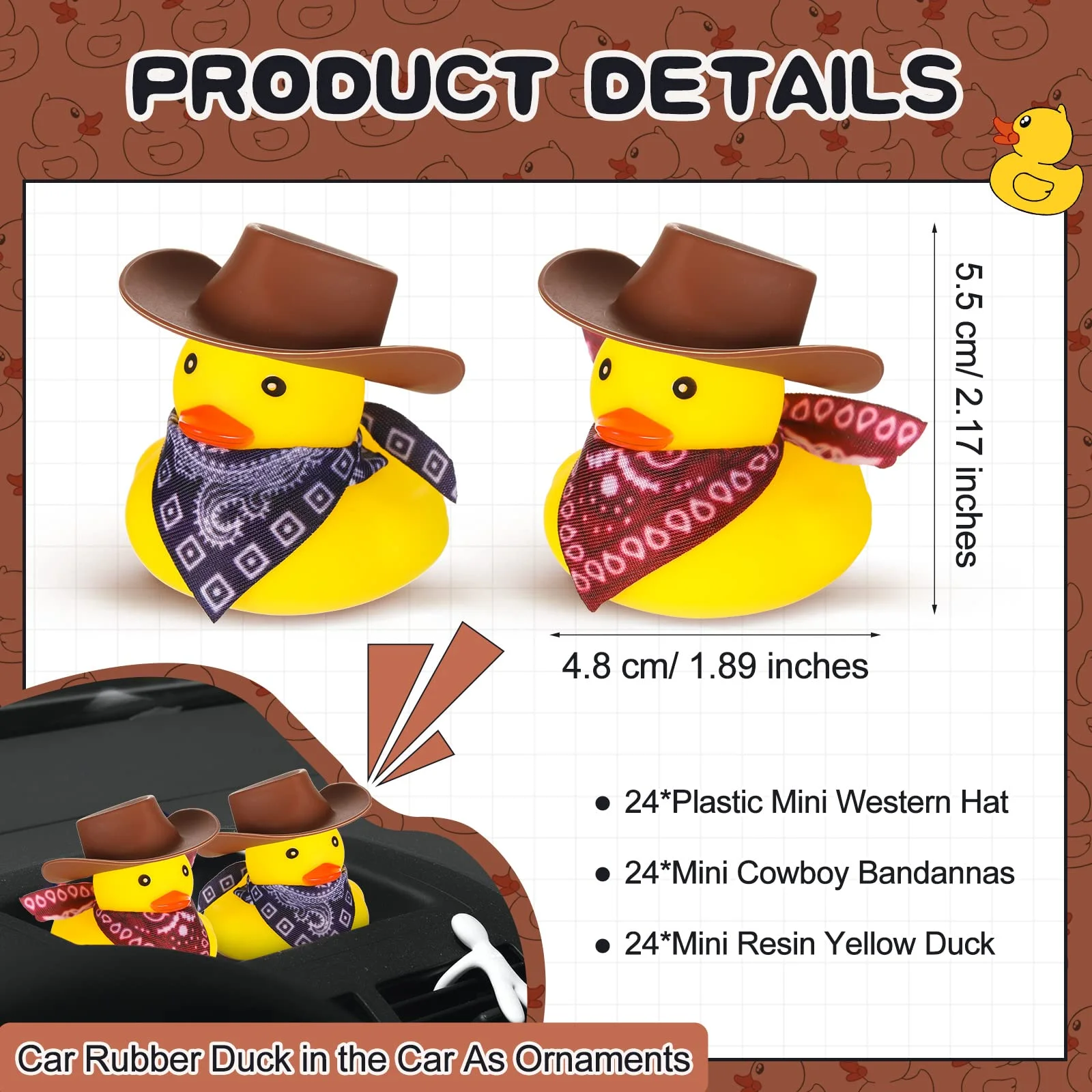 48Set di anatra di gomma Cowboy con cappello e sciarpa, Mini Duckies di gomma giocattoli per feste da bagno giocattoli per vasca da bagno doccia compleanno