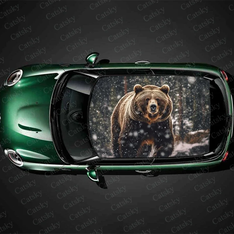 Brown Bear in Snow Car Roof Sticker Wrap Racing SUV Accessories Packaging Painted PVC Custom Car Graphic Decal