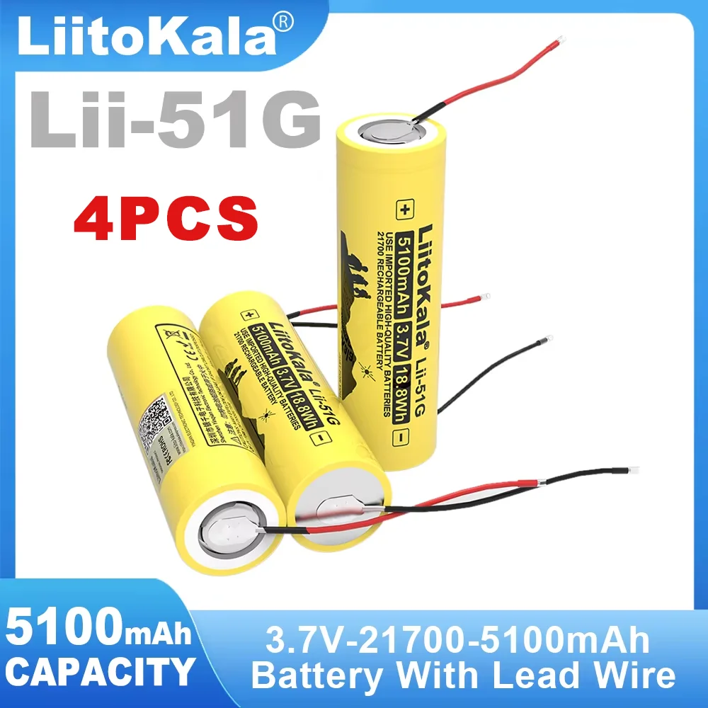 4PCS 100% Original Liitokala Lii-51G  DIY Wire  3.7V 5100mAh 21700 For Flashinglight High-capacity Lithium