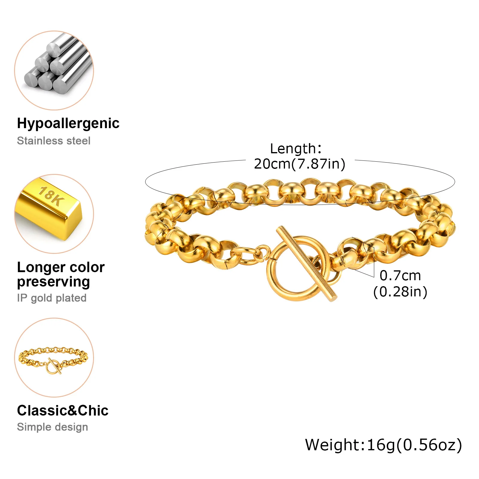 Vnox Stainless Steel Belcher Rolo Bracelet, Simple Women Metal Link Chain Wristband, T Bar Toggle Clasp fit 18cm Wrist
