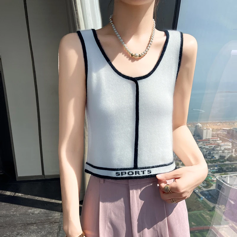 Autumn Winter Women's Buckle Back Women's Round Neck 100% Cashmere Knitted Pullover Fashion Korean Sports I-shaped Tank Top