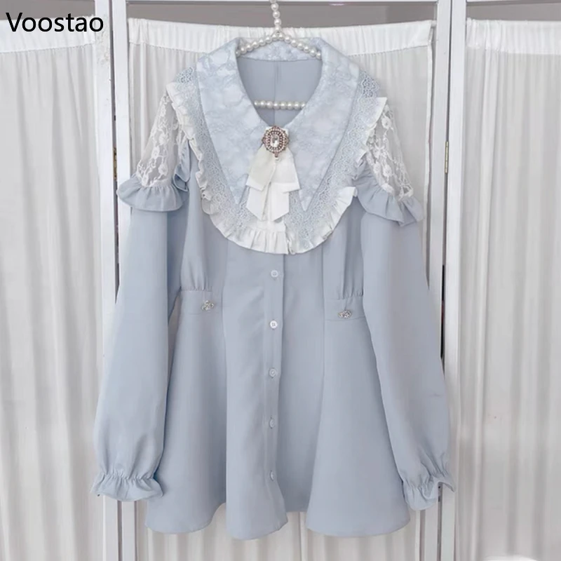 Japonês harajuku y2k lolita strass arco vestido shorts conjunto feminino gótico manga longa camisa de renda vestido kawaii shorts 2 peça conjunto