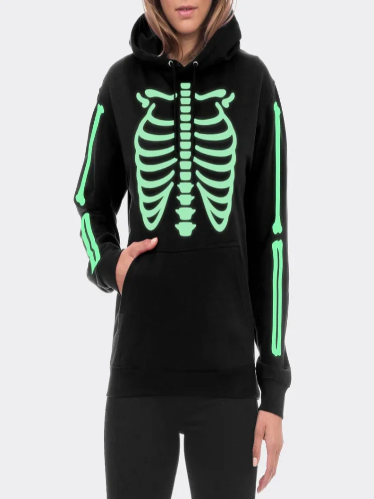 

Женская толстовка с капюшоном в виде скелета, одежда в темноте, дизайн, костюм на Хэллоуин, повседневный удобный пуловер с женским капюшоном
