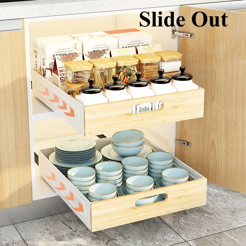 Wooden Slide Out Drawer Kitchen Tableware Spice Storage Rack With Slide Rails Heavy Duty Steel Pull Out Cabinet Organizer