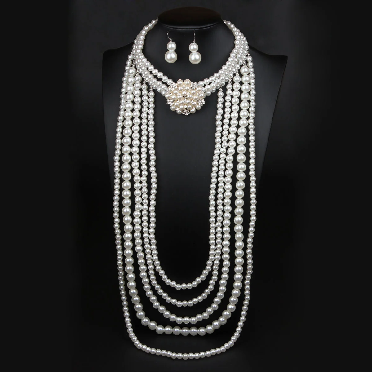 

Multi-layered embellished diamond flower pearl necklace and earrings set for women in long style