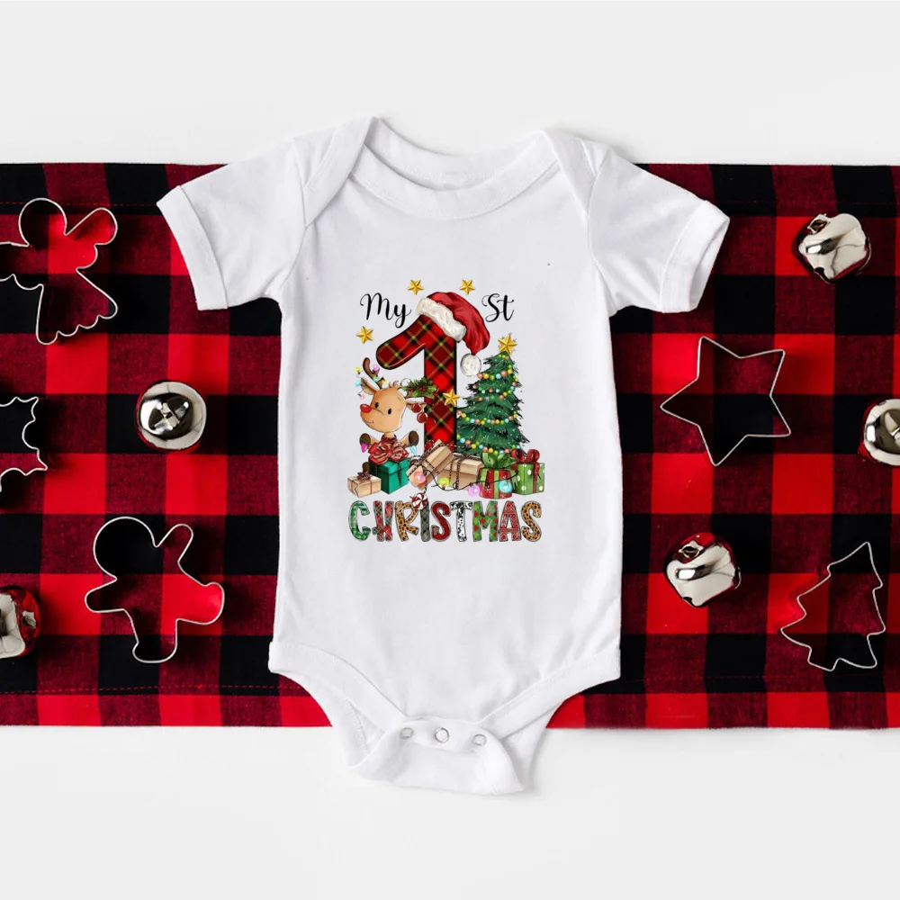 My First Christmas Print Baby Romper, Body de manga corta para recién nacido, traje infantil para fiesta de Navidad, ropa de vacaciones para niños y