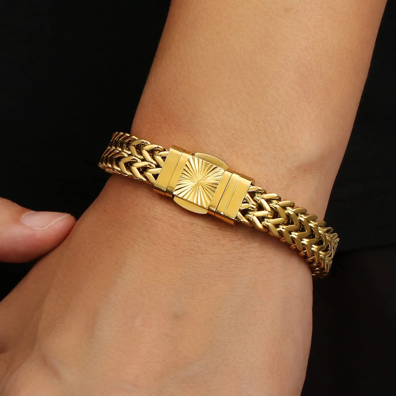 

12mm Miami Cuban Link 18K Gold Plated Waterproof Stainless Steel Thick Double Franco Chain Bracelet