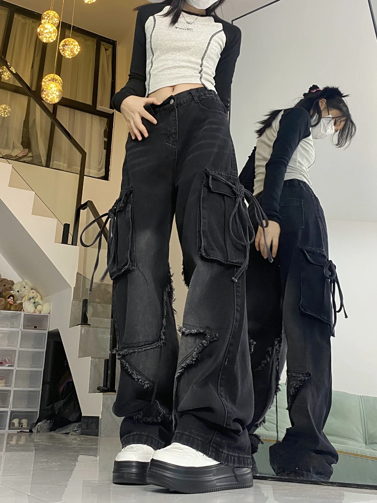 QWEEK Y2K Vintage Cargo Baggy Jeans Women Streetwear Star Patch Pockets Gothic Wide Leg Jeans Punk Harajuku Denim Trousers 2000s