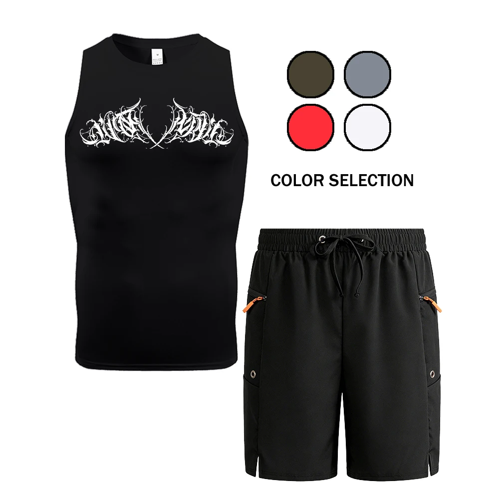 

Летний мужской черный комплект из майки и шорт без рукавов с шипами и текстовым принтом, повседневная спортивная одежда для активного отдыха, спортивный костюм с карманами