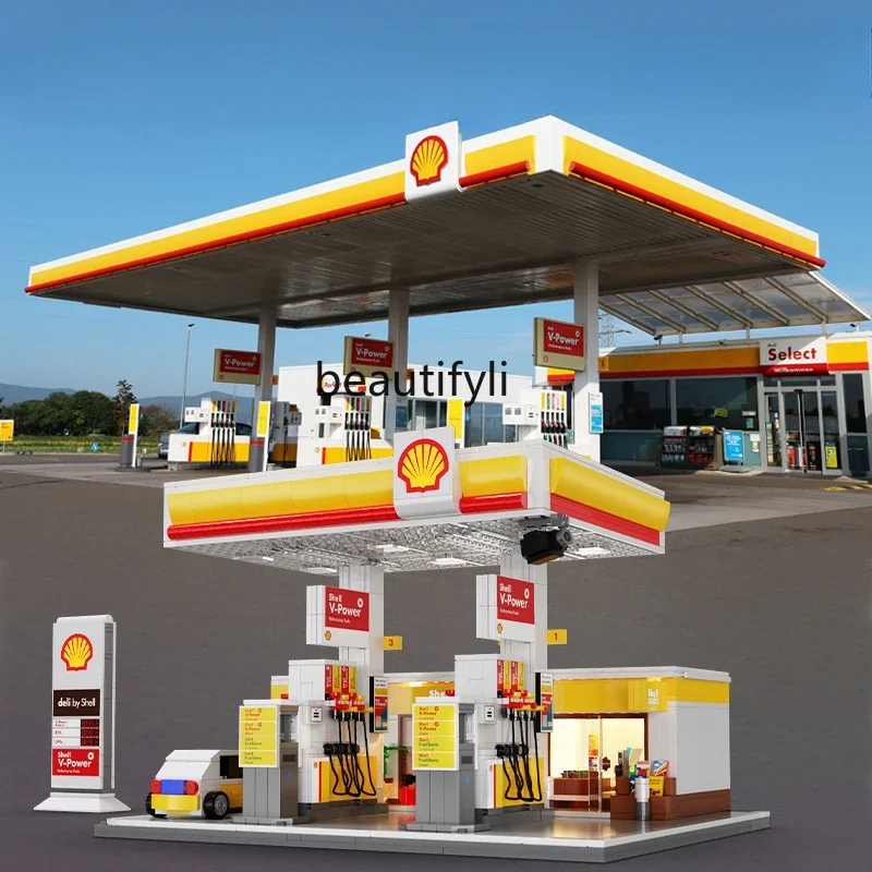 Building block street view city gas station large building house small particles