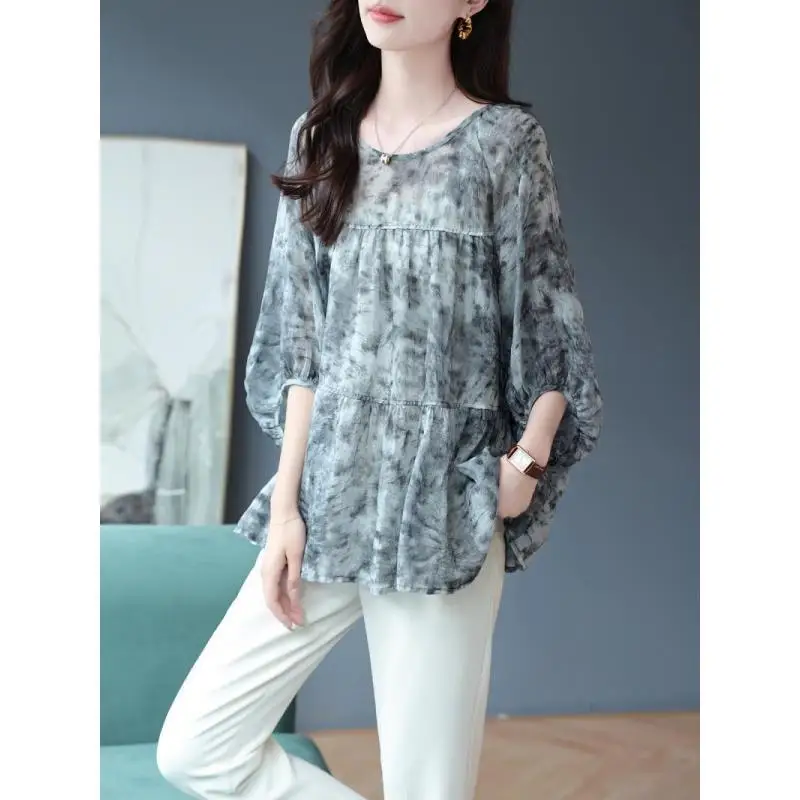 Vintage Printed Folds Lantern Sleeve Blouses Women\'s Clothing 2024 Spring Summer New Oversized Casual Tops Office Lady Shirts