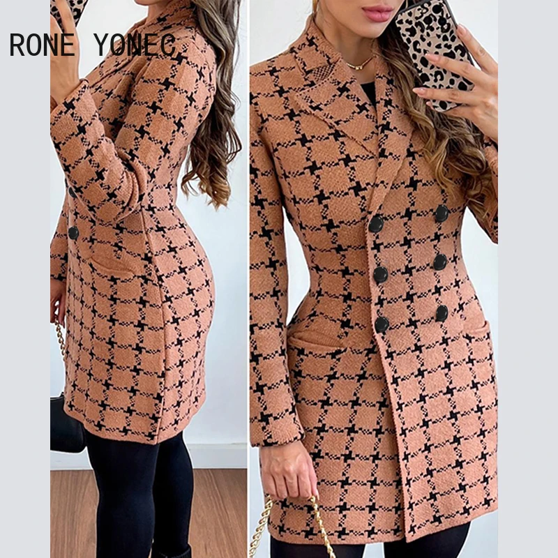 

Women Plaid Pattern Notched Collar Double Breasted Autumn Working Long Blazer Jackets Tops