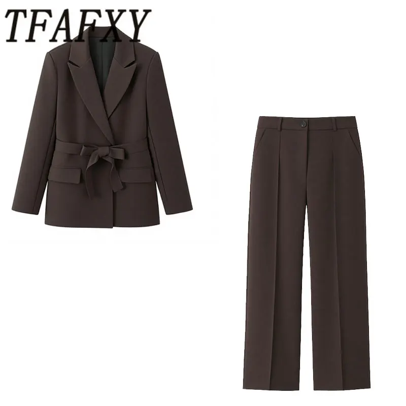 

TFAFXY 2026 Spring Office Wear Women Sets Double-breasted Belt Long Sleeve Blazer Coat High Waisted Pants Casual Suits