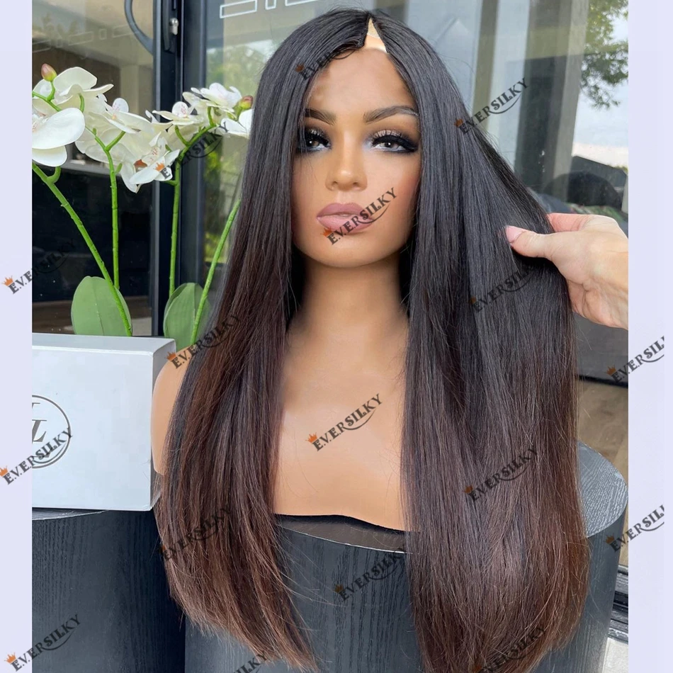 Indian Rmey Human Hair 1x4 V Part Wig Easy Install Machine Made Ombre Caramel Brown Silk Straight Human Hair Wig for Black Women