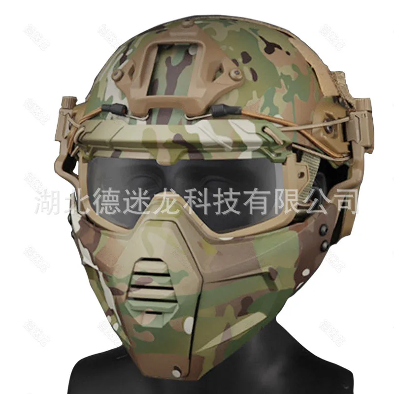 مجموعة الخوذة والقناع التكتيكي - مجموعة درع الوجه المموهة القابلة للفصل لمعدات التدريب Airsoft والخارجية والعسكرية