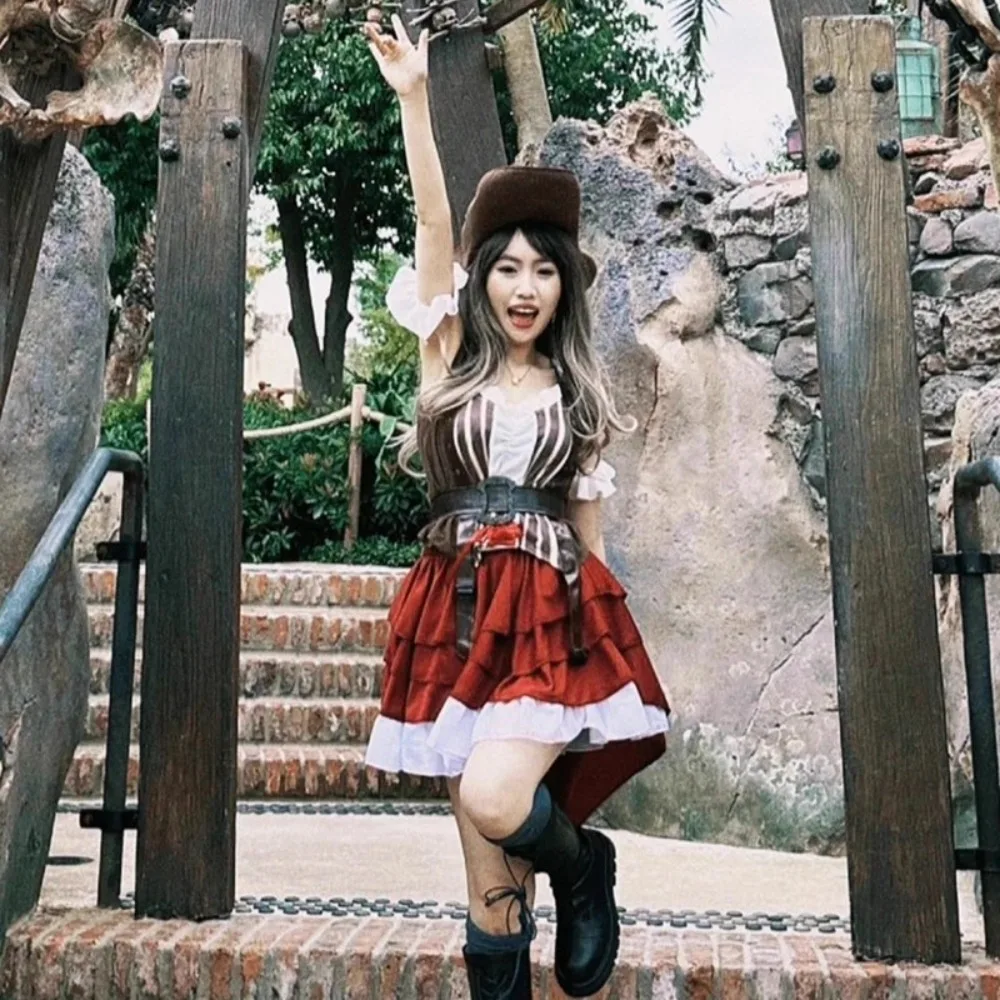 زي القراصنة المرأة مثير المرأة القراصنة رومبير فستان الزي مع قبعة حزام باندانا مشد الملحقات