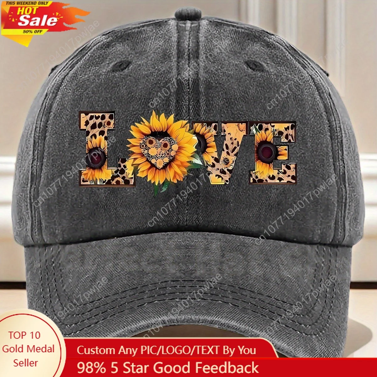 

Adjustable Breathable Baseball Cap with Sunflower & Leopard Print LOVE Design - 100% Polyester, Machine Washable, Casual Outdoor