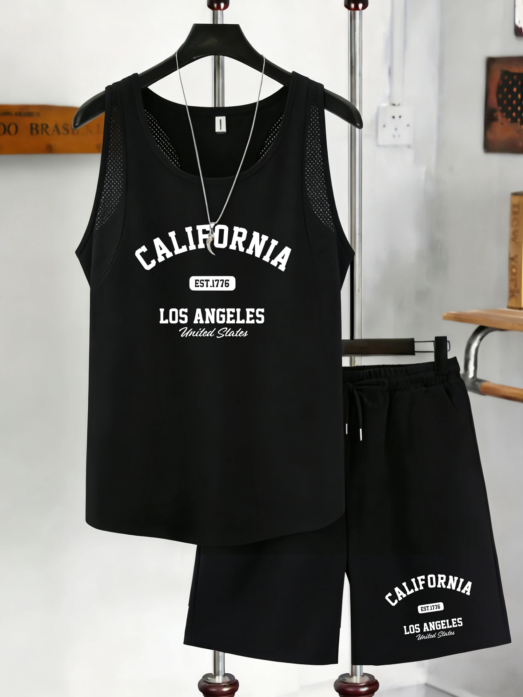 

California Los Angeles Est 1776 Print Men Reticular Vests Set Soft Singlet Fashion Shorts Fitness Tee Unisex Summer New Clothing