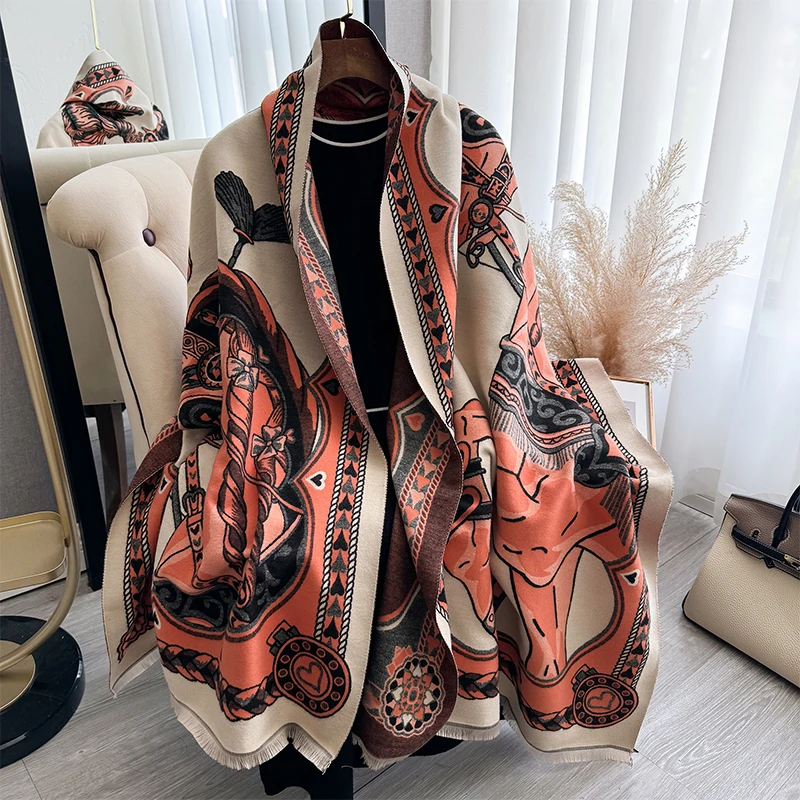 Luxury Warm Poncho Cashmere Winter Women Scarf Horse Print Shawl Wraps Female Thick Pashmina Blanket Bufanda Travel Echarpe 2024