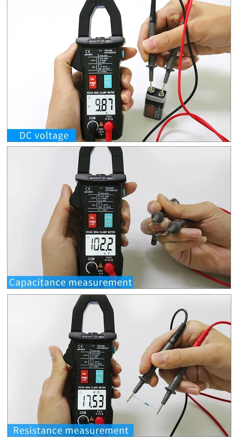 ZOYI ZT-QB9 Digital Clamp Meter, 6000 Counts AC/DC 600A Auto Range Tester