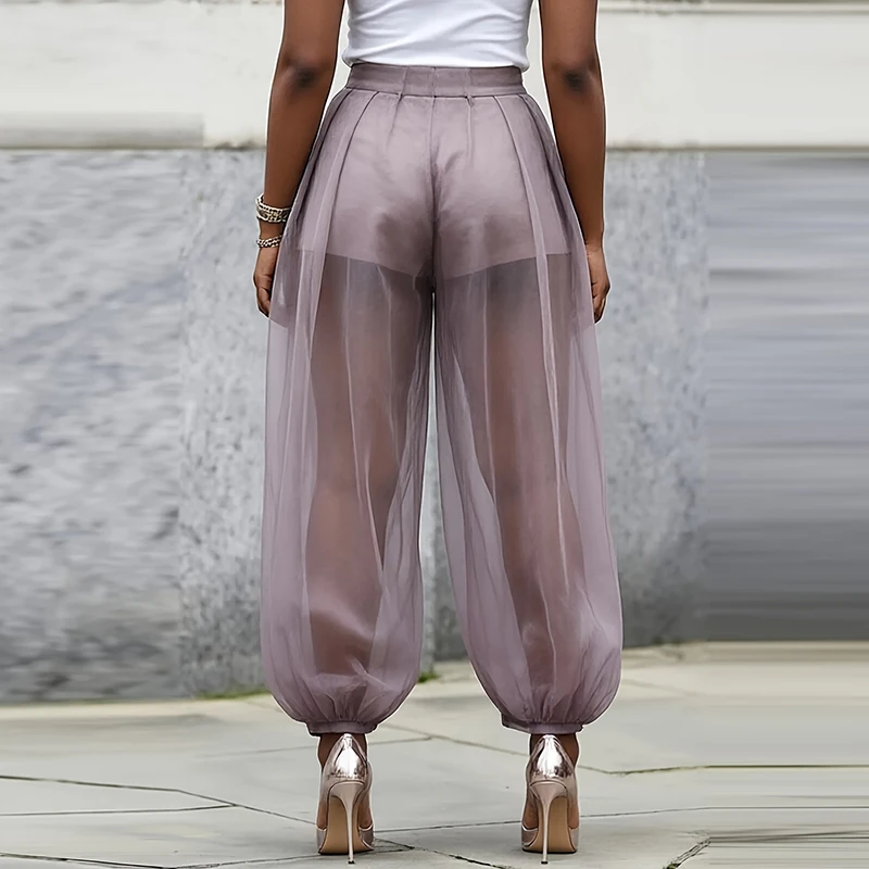 Simple Solid Color Perspective Mesh Pants Office High Waisted Casual Women's Lantern Pants Fashion Streetwear Pleated Long Pants