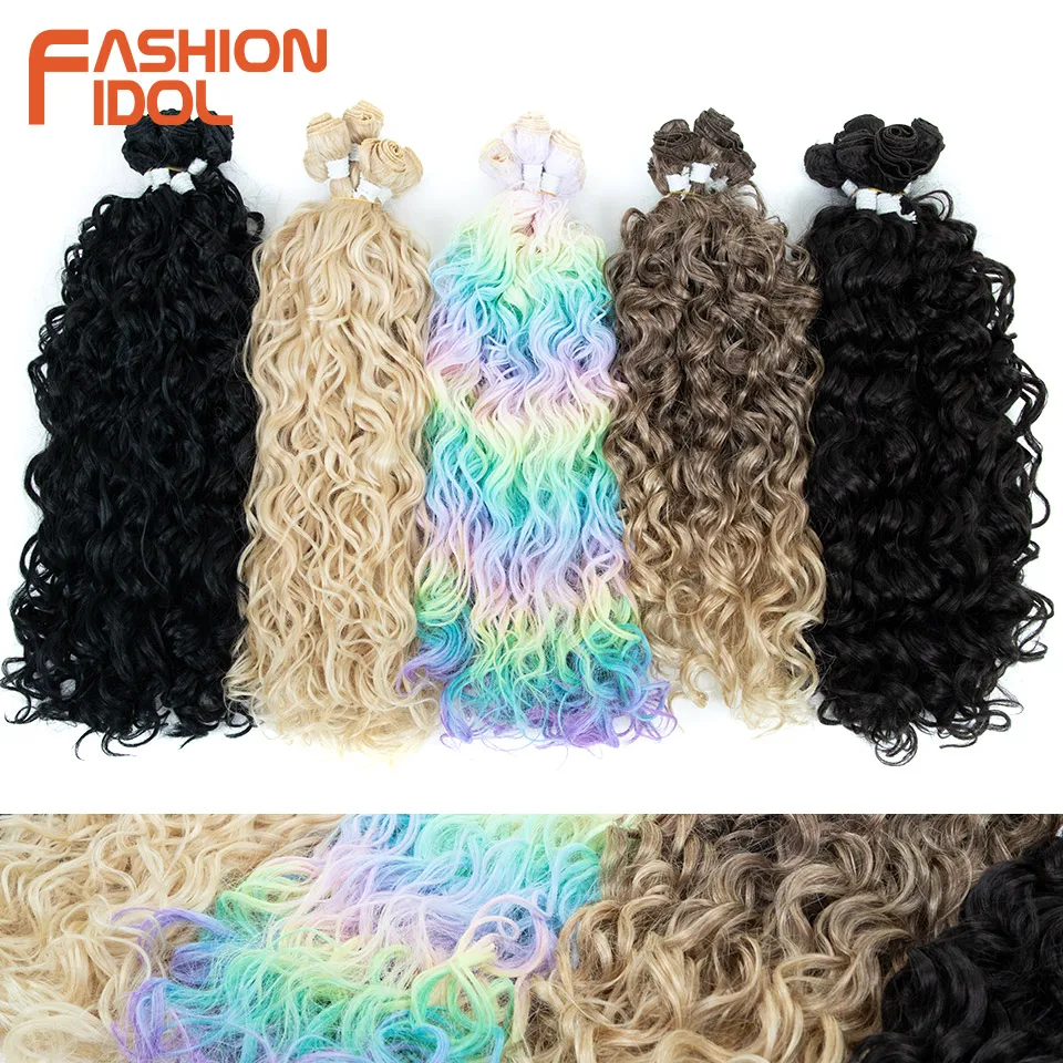 

FASHION IDOL 24-28inches 300g/6pcs Deep Wave Heat Resistant Synthetic Curly Hair Extensions Rainbow Weave for Party & Daily Wear