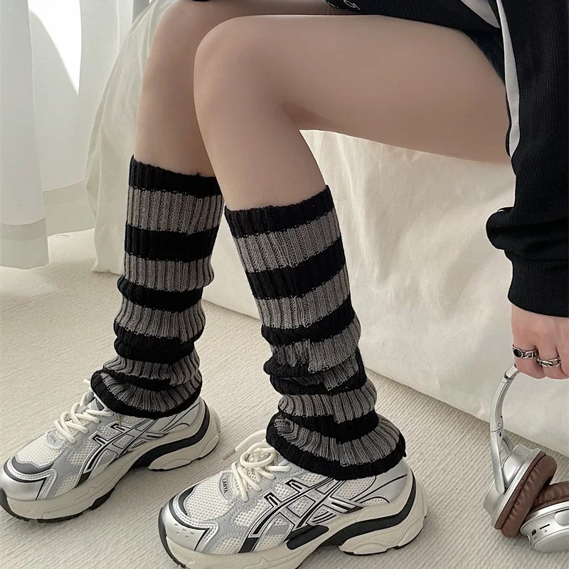 Women Striped Long Socks Black White Leg Warmers Lolita Arm Sleeves Autumn Winter Warm Leg Sleeves Calf Socks Y2K Stockings