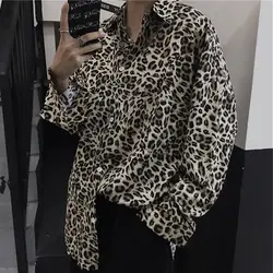 QWEEK Leopard Vintage Y2K Shirt Woman Korean Popular Oversoze Long Sleeve Blouses Spring Casual Chic Couple Clothes Streetwear