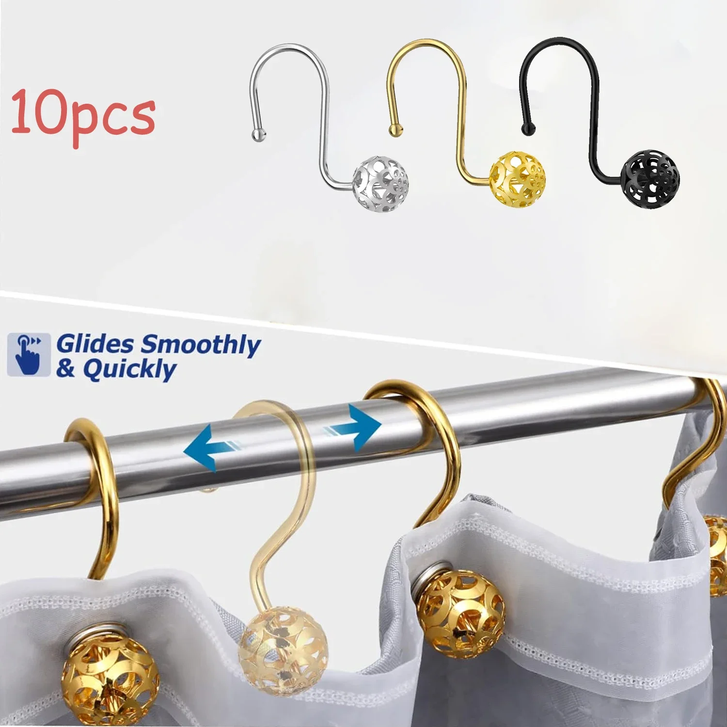 10pcs 2.17x0.98inch Luxury Rustproof Shower Curtain Hooks，Shower Curtain Hooks for Bathroom Curtains Rods Hollow Ball Design