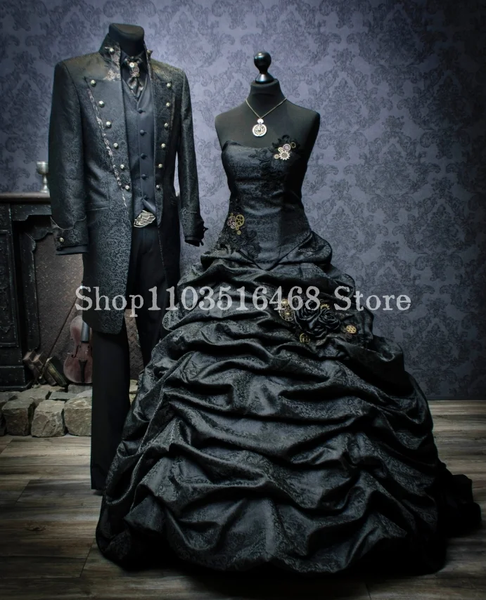 Vintage Sheath Black Wedding Dress Gothic Corset Satin Beaded Applique A-Line Poncho Halloween Party Dress vestido de noiva