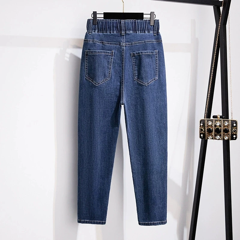 Plus Size 7XL 170kg Autumn Spring Denim Pants Vintage Female Korean High Elastic Waist Casual Long Navy Blue Jeans Trousers
