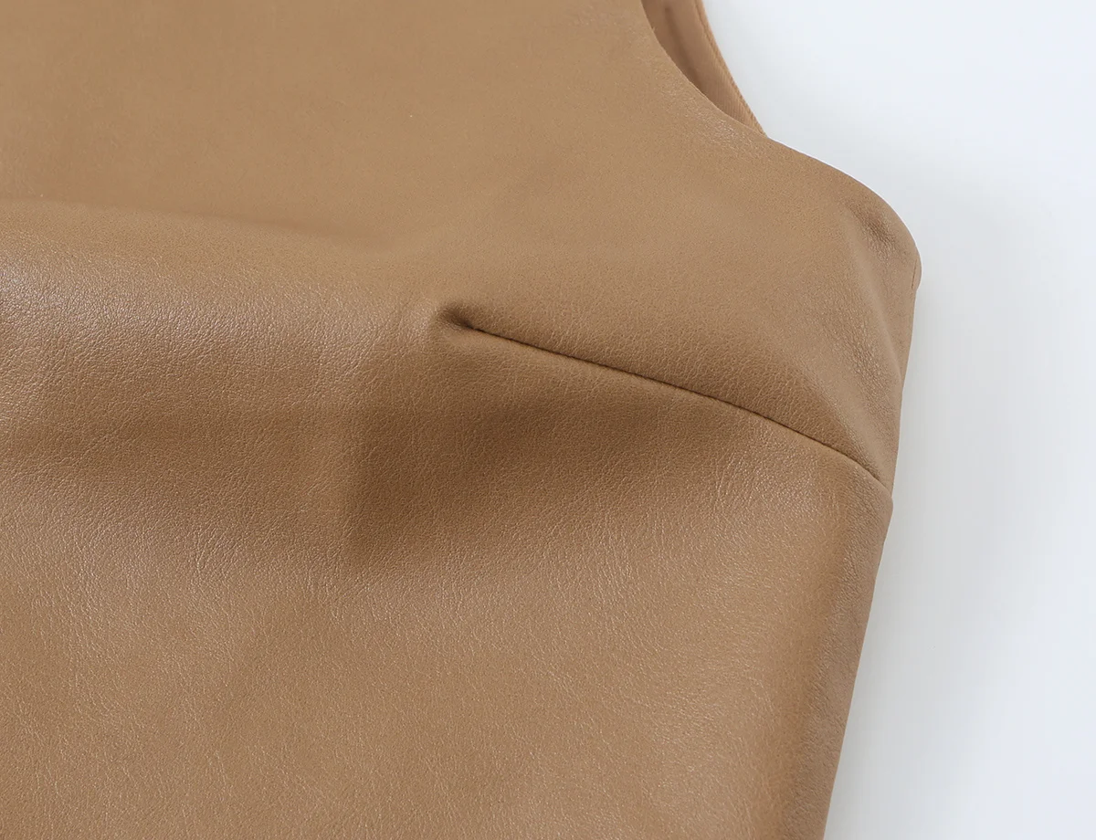 KONDALA Chic Fashion 2026 Vintage Elegantes Damenkleid Herbst PU Sexy Kleid Streetwear Ärmellos Khaki Falten Damenkleid – Detail 6