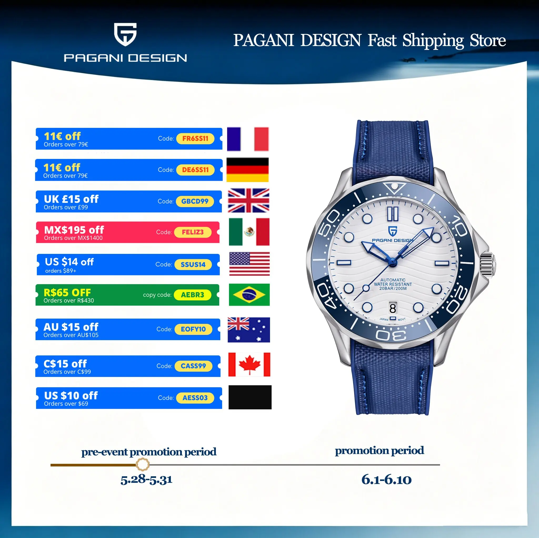 

PAGANI DESIGN Men's Automatic Mechanical Watch Exclusive Customization Limited-Edition Luminous Sapphire Mirror Reloj De Buceo