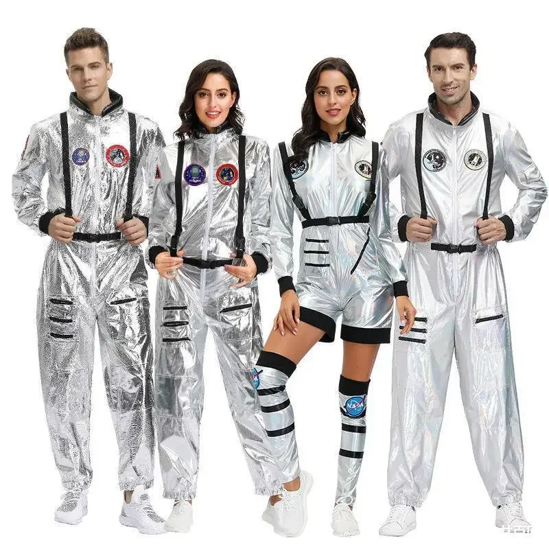 Srebrny kostium astronauty para Spaceman astronauta kombinezon kombinezon lotniczy dla kobiet mężczyzn Halloween Cosplay dorosły Pilot przebranie