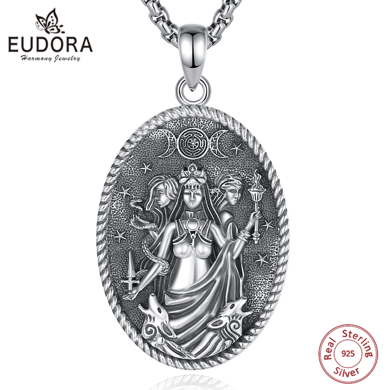 

Eudora 925 Sterling Silver Triple Moon Goddess Necklace Vintage Dog Hecate Amulet Pendant Triple Goddess Jewelry Personality Gif