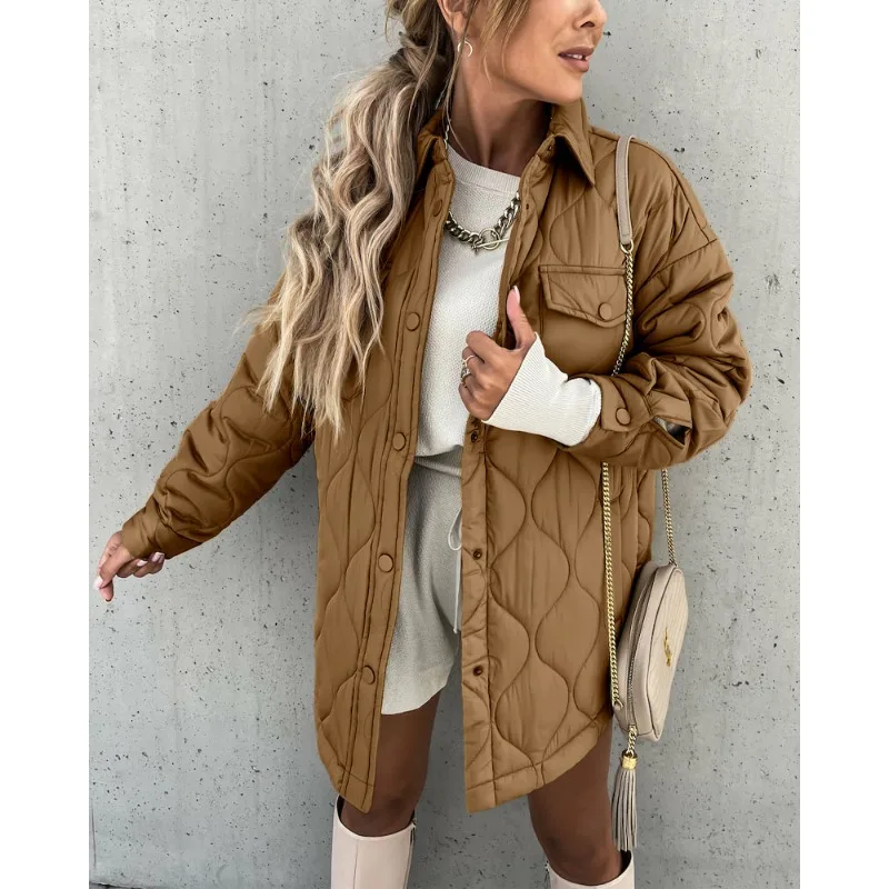 Autumn Winter New Women\'s Clothing Solid Color Mid-Length Single-Breasted Cotton Coat Jacket