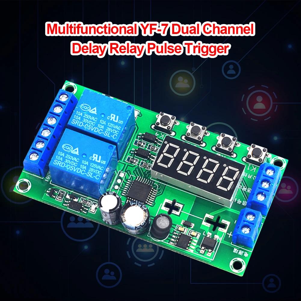 Adjustable Timing Board YF-7 Dual-Channel Delay Relay Module Pulse Trigger Cycle Timer 0.01s-999m 7-30V