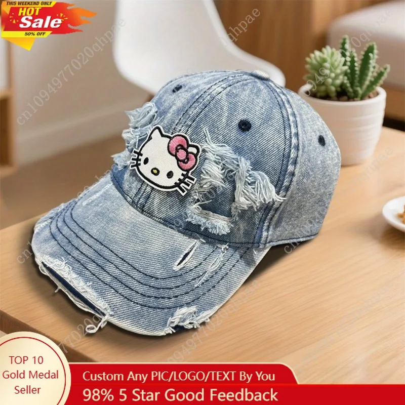 Sanrio Hello Kitty Women'S Baseball Cap Adjustable Strap Lightweight Denim Fabric Printed with Hello Kitty Pattern Retro Hat