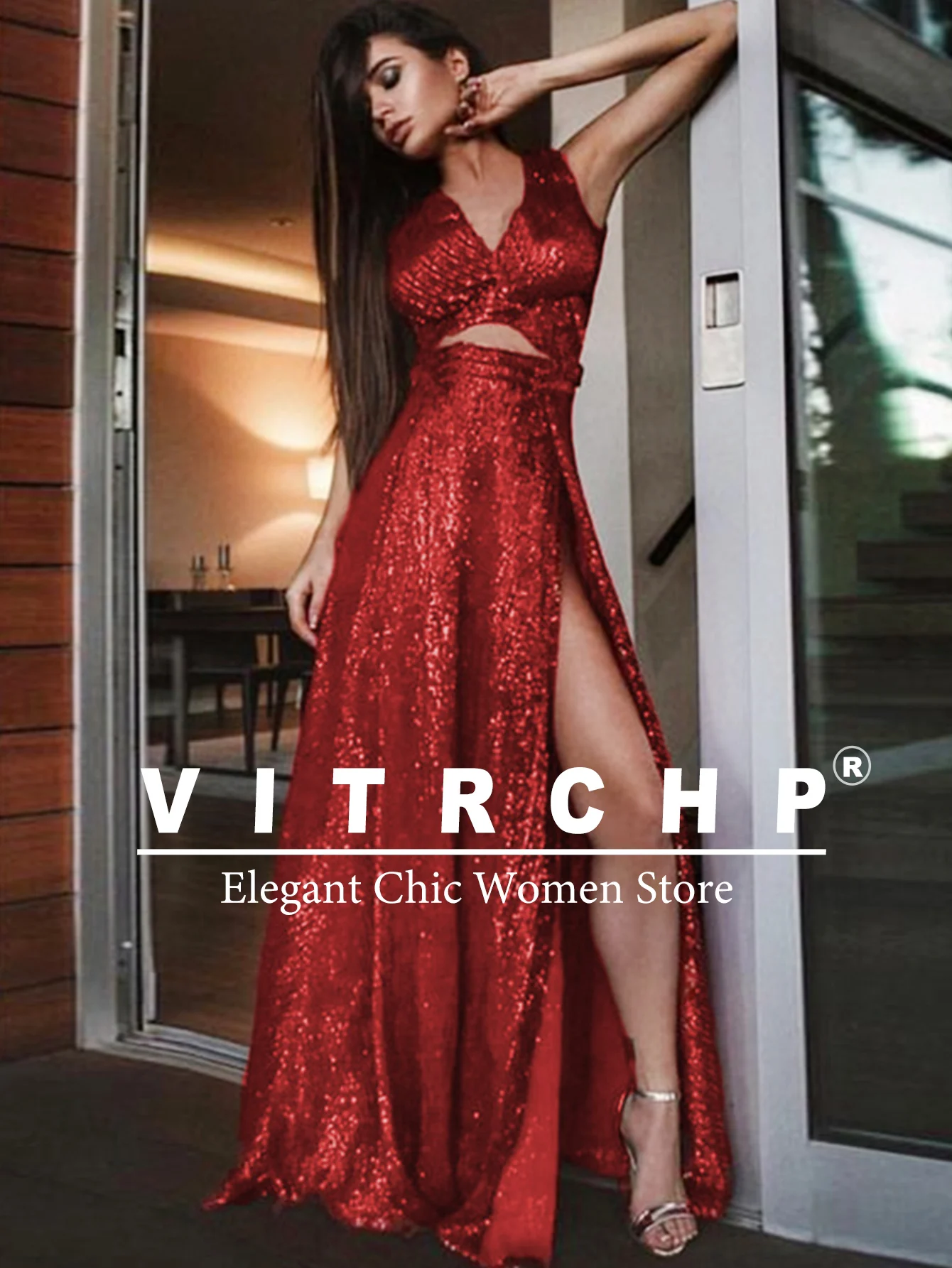 VITRCHP Elegant Sequin Evening Dress 2025 Women Wine Red Long Mermaid Formal Deep V-neck Prom Wedding Party Gowns Dressess