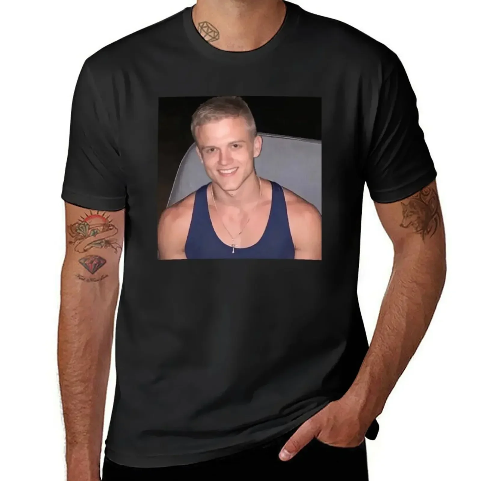 Navy Vest Smiling Man Rectangle Photo Print Shirt for Men Women Crew Neck Short Sleeve Relaxed Fit Daily Casual Streetwear Tee