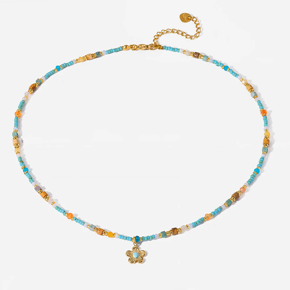 

Bohemian Natural Stone Beaded Necklace 18K Gold Plated Stainless Steel Vintage Layered Collar Chain Dainty Jewelry for Women