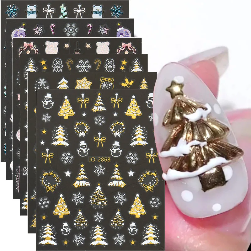 6 قطعة ملصقات أظافر ذهبية لعيد الميلاد شجرة عيد الميلاد ندفة الثلج المجسم كريستال كرة لاصقة شارات لفصل الشتاء السنة الجديدة مسمار ديكور فني #1