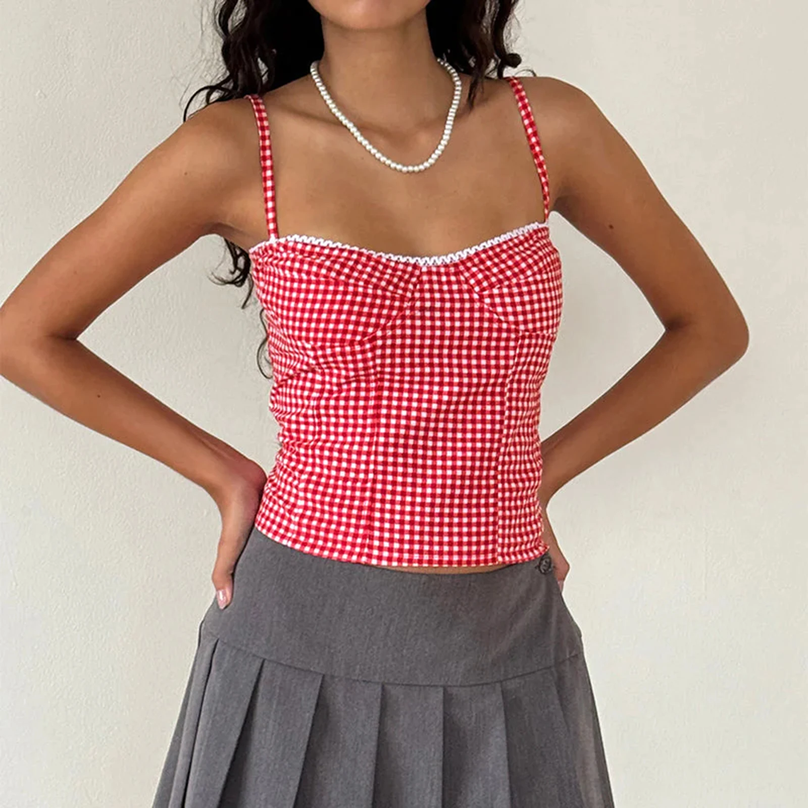 Women's Summer Sleeveless Tank Tops Pink Open Back Low Cut Slim Fit Plaid Camisole Streetwear