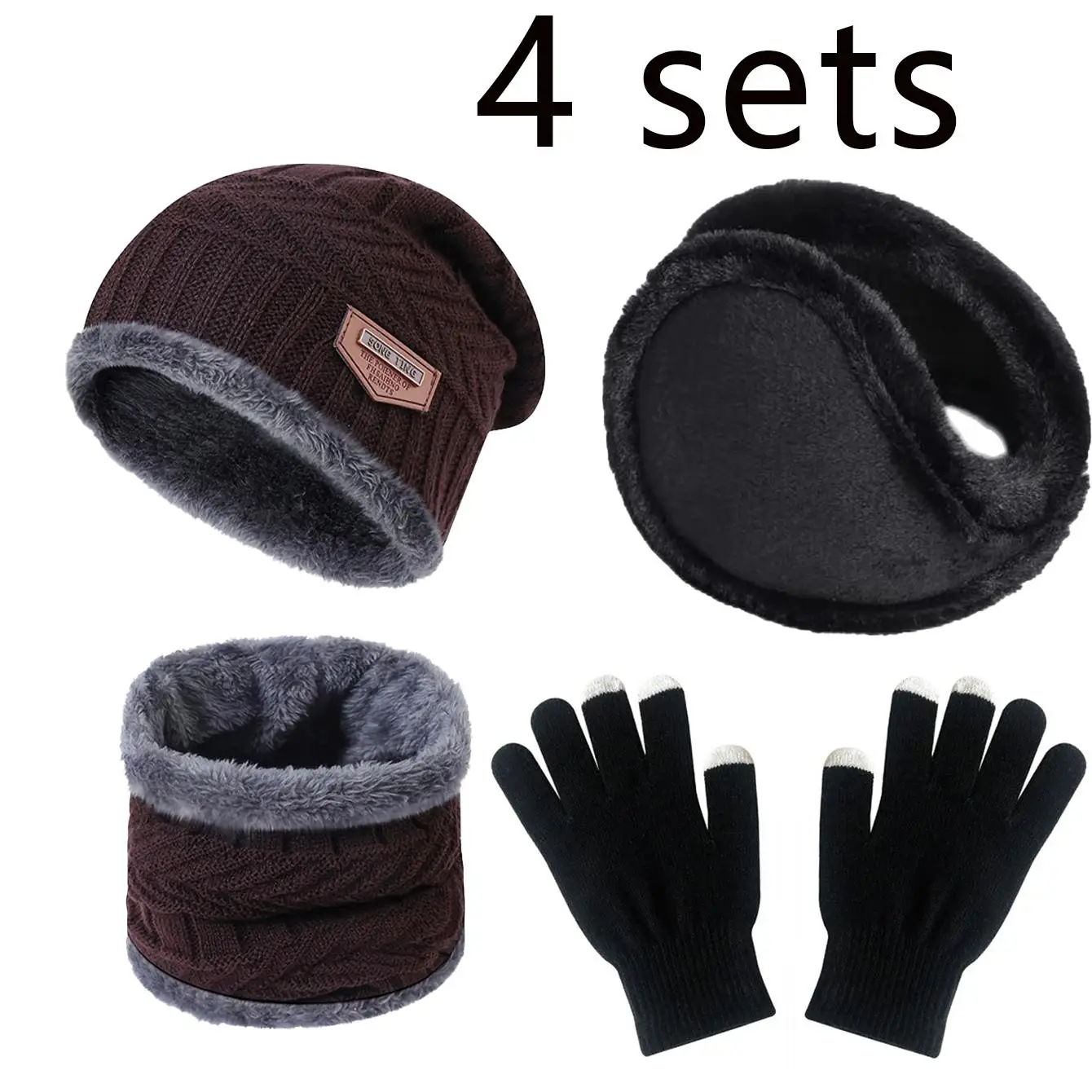 Winter Knit Beanie Hat Scarf Gloves and Ear Warmer Set Winter Hat Cap Thermal Beanie Scarf Gloves Set Plush Lined  main image 3
