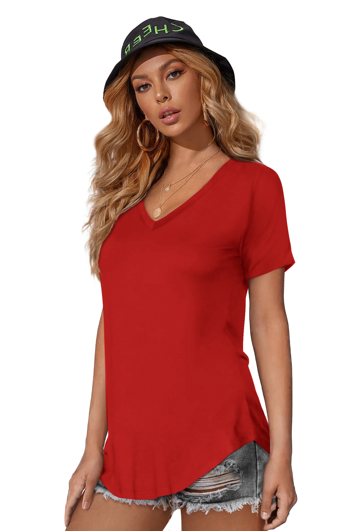 JYLFC Womens\' Red T-Shirt with Rounded Hem, V-Neck Loose Solid Color Top