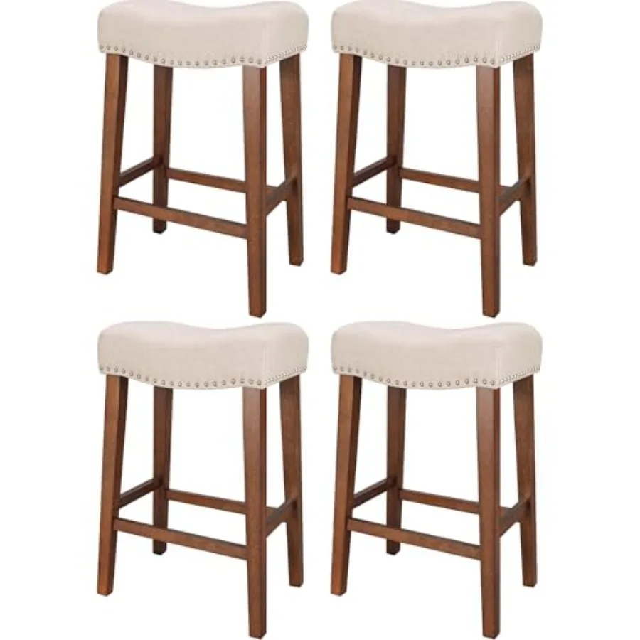 

Counter Height Bar Stools Set of 4-26 Inch Backless Saddle Barstools with 4.3" Thick Upholstered, Nailhead Trim Linen Fabric an